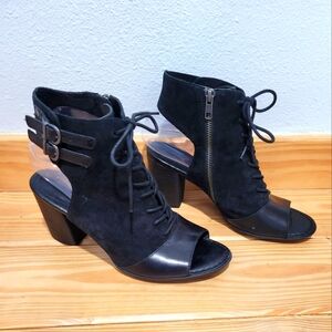 Women's Black Leather Peeptoe Buckle Strap Mules Born Size 9